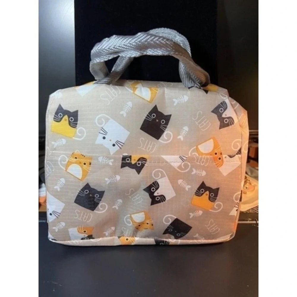 Cat Print Insulated Lunch‎ Bag Gray Kawaii Cute New